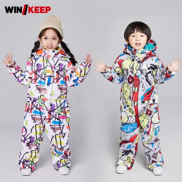 US $103.52 Kids Winter Snowboarding Skiing Suit Floral Printed Hoody Thick Warm Ski One Piece Suits Girls Boys