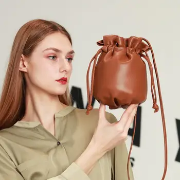 

100% Real Leather Mini Crossbody Bag Women Drawstring Bucket Shoulder Bag Small Ladies Soft Genuine Cow Leather Messenger Bags