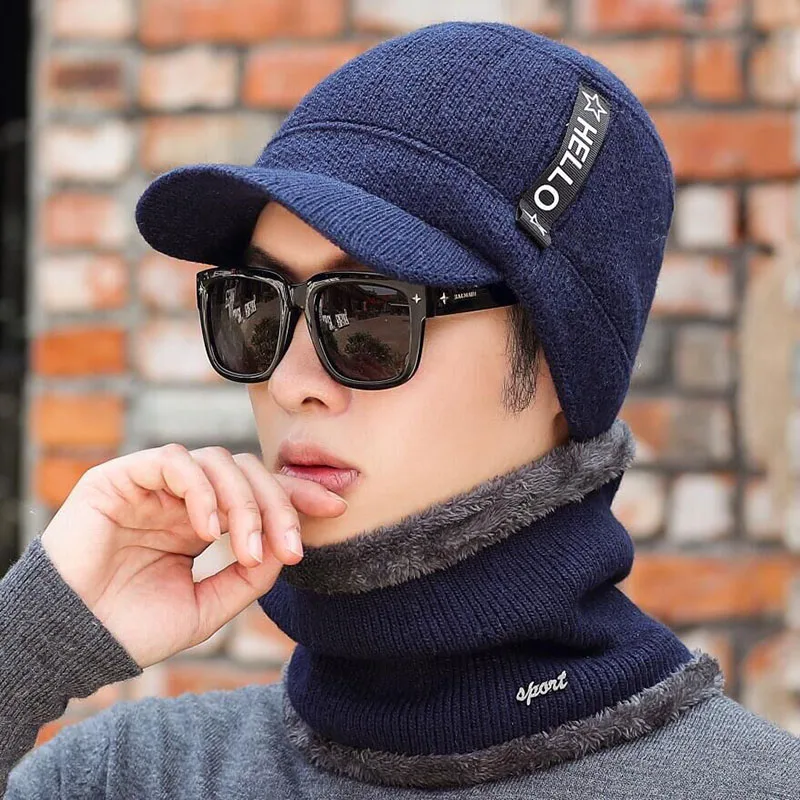 Зимние шапки для мужчин Skullies Beanie шапка зимняя шапка мужской женский шерстяной шарф шапка s Набор Балаклава маска Knitted шапка вязаная шапка - Цвет: Hat scarf navy