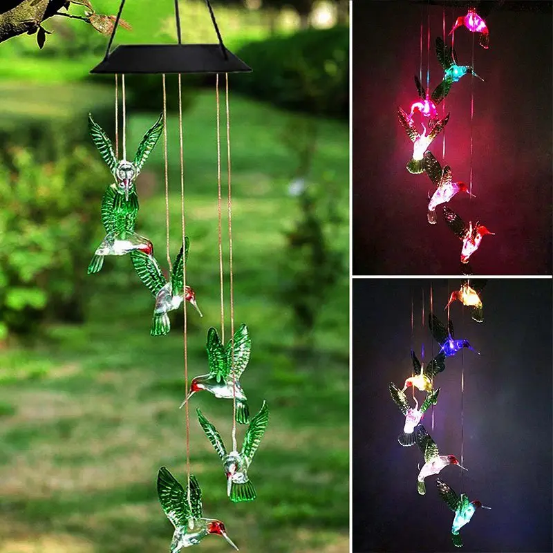 

Color Changing LED Solar Wind Chime Hummingbird/ Ball/ Star Moon/ Wishing Bottles Wind Chimes for Gardening Lighting Decoration