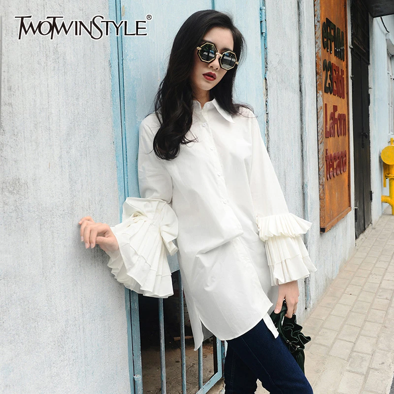 

TWOTWINSTYLE White Women's Shirts Lapel Collar Flare Sleeve Korean Shirt Blouse Female 2019 Autumn Oversized Fashion OL New