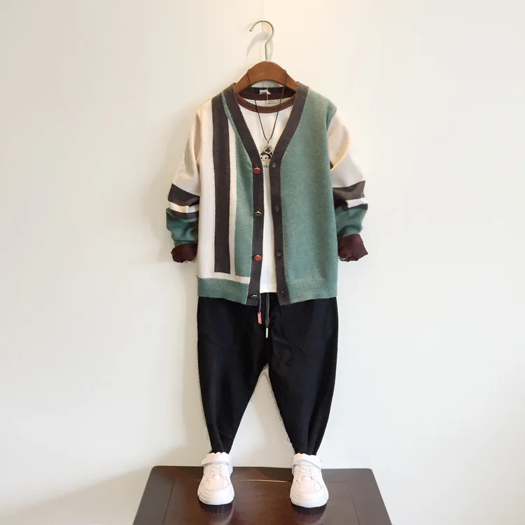 

Boys' Knitting Cardigan Coat Children Color Stripes Sweater 2019 Autumn And Winter New Style Korean-style BOY'S Cotton Knitwear