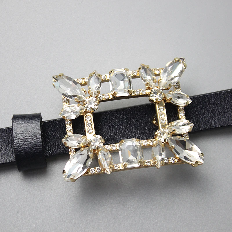 Fashionable glass diamond board buckle, two-layer leather thin belt, women's decorative coat, cardigan, versatile leather small gold waist belt Belts