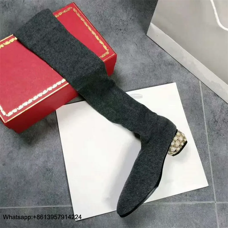 

High Boots Thigh Sock Boots Crystal Chaussures Femme Med Heels Women Shoes Square Toe Ladies Boots Pearl Scarpe Donna Slip On