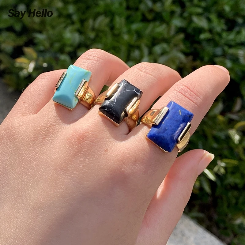 SAY HELLO Natural Stone Turquoises Inlay Alloy Geometric Rectangle Rings Women's Punk Style Fixed Size Couple Jewelry US 7 K1083 |