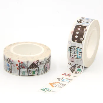 

New Arrival 1PC 15MM*10M Cute House Bus Washi Tape Wide Sticky Adhesive Tape Scrapbooking Album DIY Decorative Paper Tape