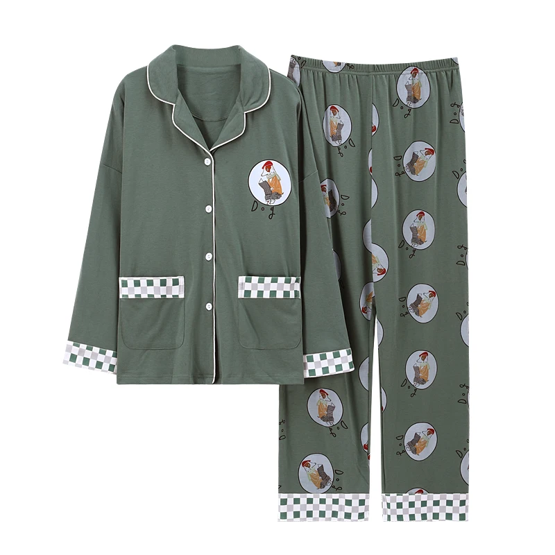 

BZEL Green Cotton Sleepwear Women Turn-Down Collar Pajamas Long Sleeves Long Pants Pijamas Set Comfort Loungewear Soft Nightwear