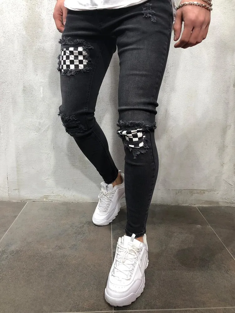 Pantalones pitillo ajustados vaqueros estilo locomotora agujero roto cintura media elasticidad Color puro movimiento jogging