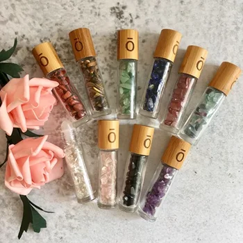 

15 ml 10ml empty bamboo lids roll on glass bottle with gemstone ball Glass Crystal Stone Essential Oils Massage Roller Bottles