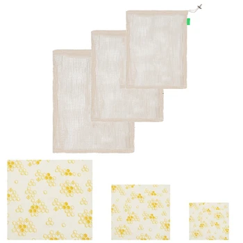 

6 Pack Beeswax Wraps Food Wraps Reusable Food Storage Wraps with Organic Mesh Cotton Bags