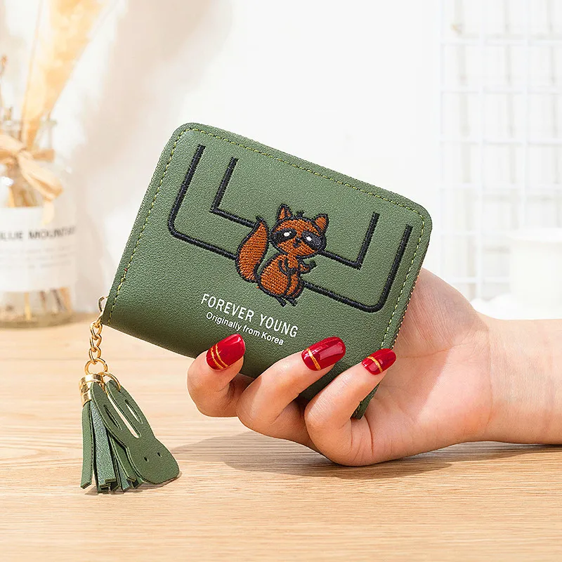 Green Женские кошельки ярких цветов, женские короткие кошельки, женский клатч с кисточками, монетница, кошелек с отделением для карт, кошелек на молнии, сумки - Цвет: Green