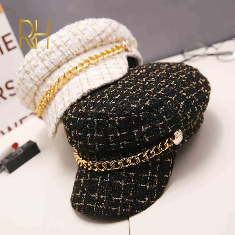Luxury Tweed Design Golden Chain Decoration Army Military Caps Women Newsboy Cap Elegant Thick Plaid Salior Octogonal Hat