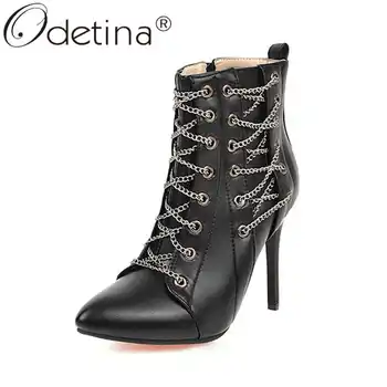 

Odetina Women Fashion Side Zipper Chain Winter Ankle Boots Female Extreme High Stiletto Heel Cross-tied Pointed Toe Short Boots