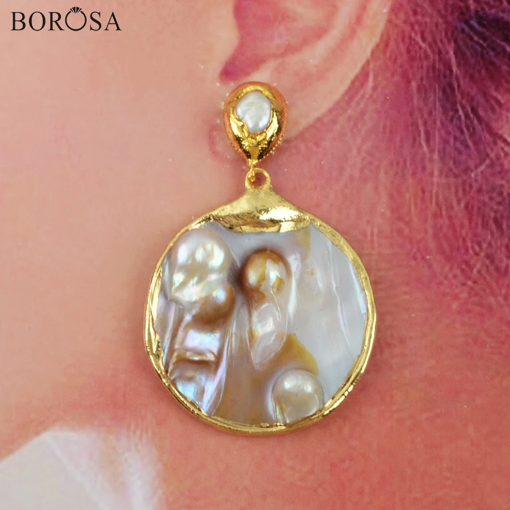 BOROSA Mother of жемчужной сережкой, 3/5 пар в комплекте; золотистые; круглый натуральный жемчуг серьги в виде капель с пресноводный жемчуг свободная форма Для женщин ювелирные изделия G1901-E