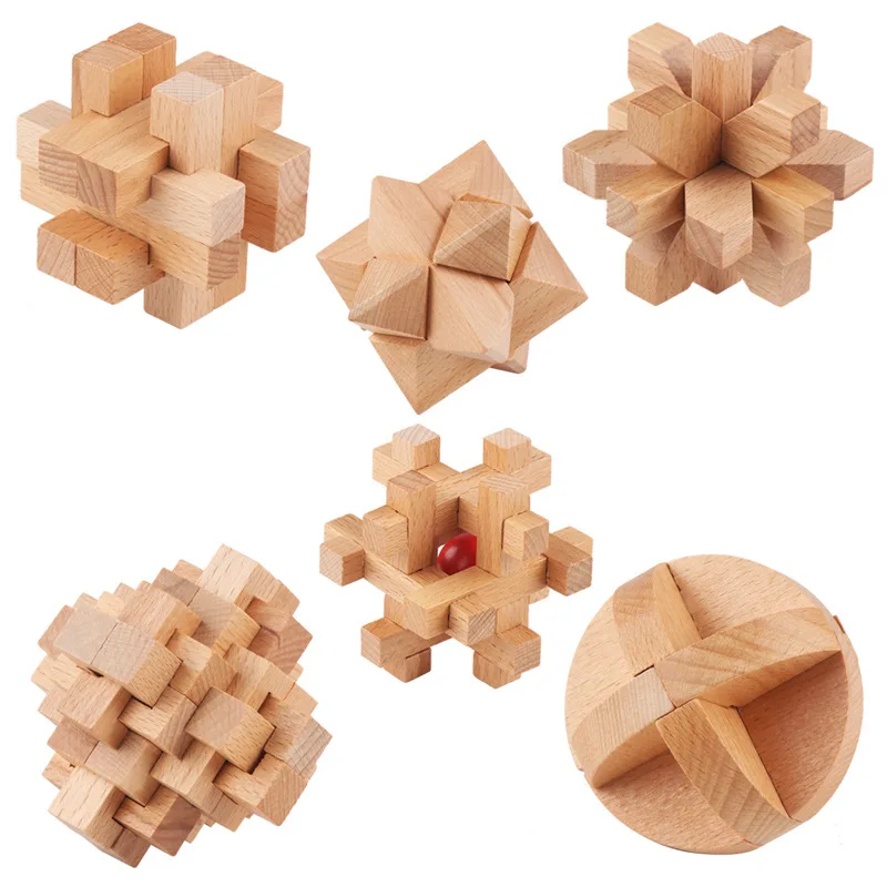

6pc Design IQ Brain Teaser Kong Ming Lock Suit 3D Wooden Interlocking Burr Puzzles Game Toy Bamboo For Adults Kids Xmas Gift