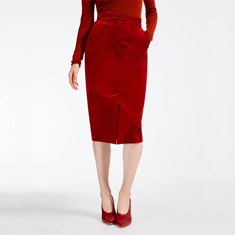 

PandaQ Autumn Winter 100% Gold Velvet New Fashion Red Commute OL High Waist Bag Hip Long Section Split Skirt Female Faldas Shein