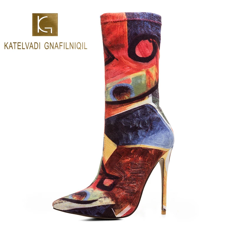 

KATELVADI 12.5CM Heels Women Ankle Boots Print Cotton Fabric Catwalk Show Sexy Party Boots Winter Autumn Boots K-565