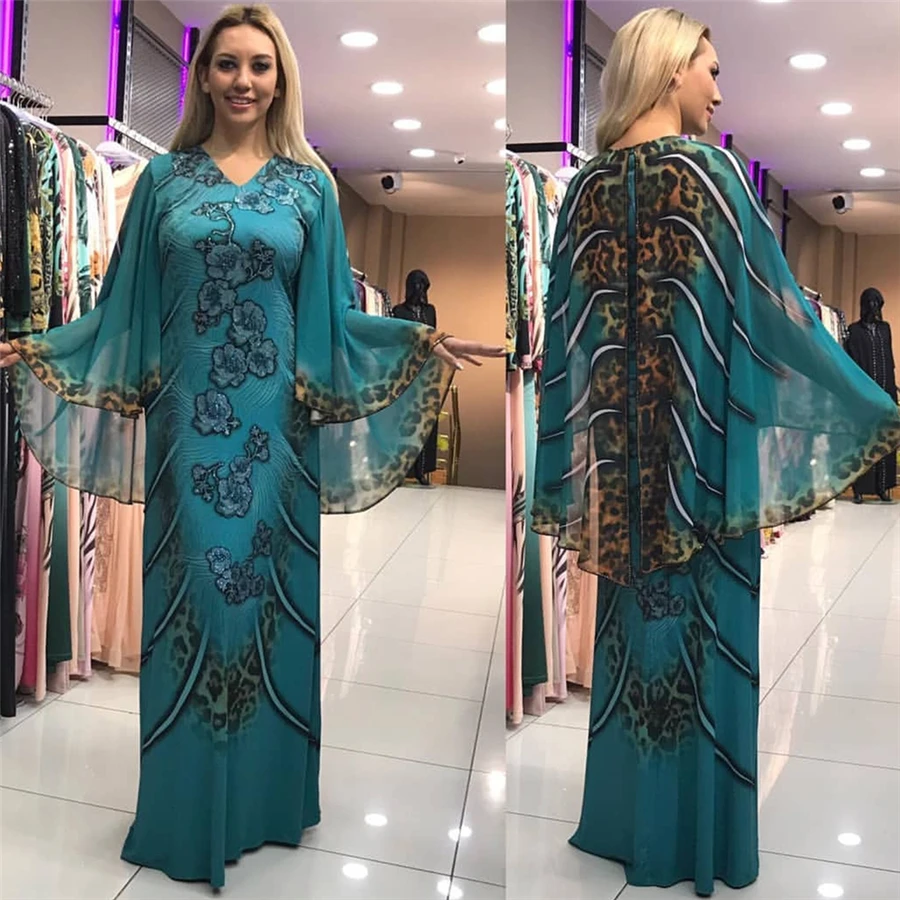 

BAIBAZIN New African Dresses for Women Digital Print Cape Cloak Dress Turkish Fashion Woman Dress