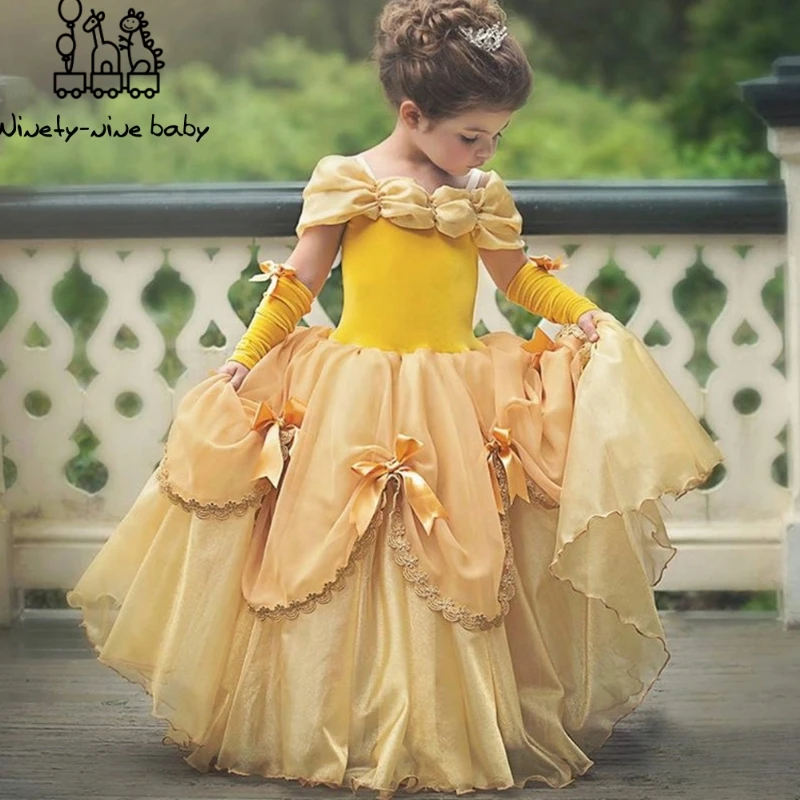 New Girls Belle Princess Dress Cosplay Costume Birthday Party Clothes Children Halloween Long Gown Beauty and the Beast Costume