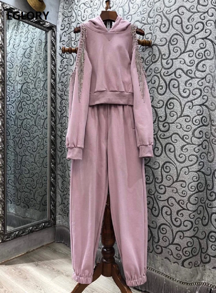 

Hooded Sweatshirt Sets 2020 Autumn Winter Casual Tracksuit Women Tassel Beading Sweatshirt Tops+Sweat Pants Sets Girls 2pc Suit