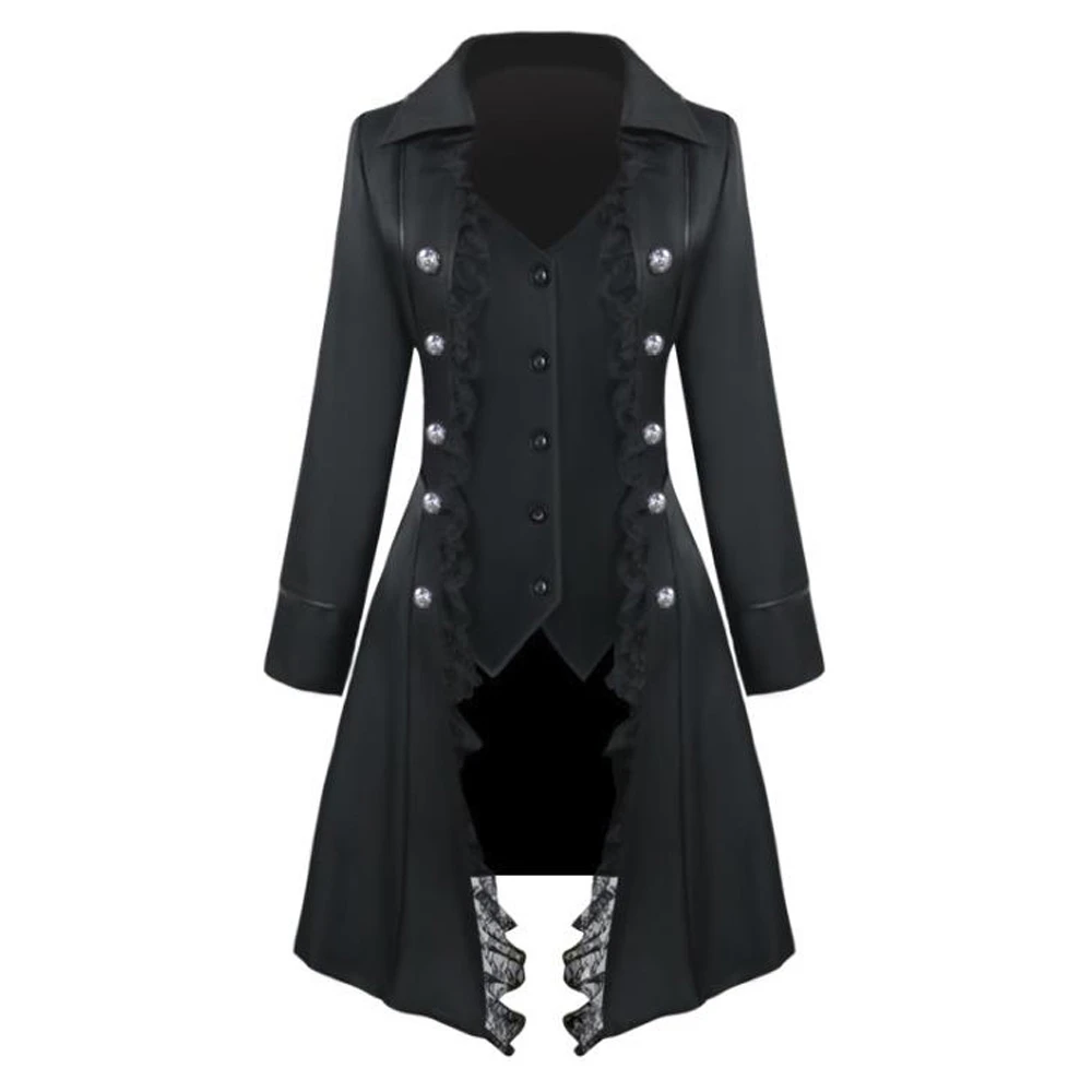 Gothic Jacket Vrouwen Button Lace Front Jas Lange Mouw Steampunk Zwart Retro Renaissance Pirate Cosplay Kostuum|Eenvoudige -