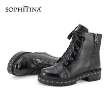 SOPHITINA/Удобные однотонные ботинки; модная дизайнерская обувь из коровьей кожи на шнуровке с круглым носком на квадратном каблуке; новые женские мотоциклетные ботинки; sc408