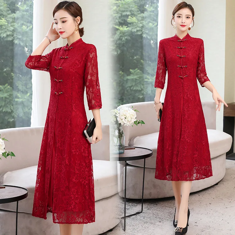 

2019 New Style Audrey Cheongsam Dress Women's Middle-aged Women Dress Wine Red Lace Chinese-style Hi Grandma Wedding Banquet For