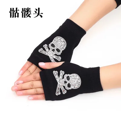 Sailor dance gloves Rivet wool gloves spring and autumn black half-finger gloves show gloves skull-B