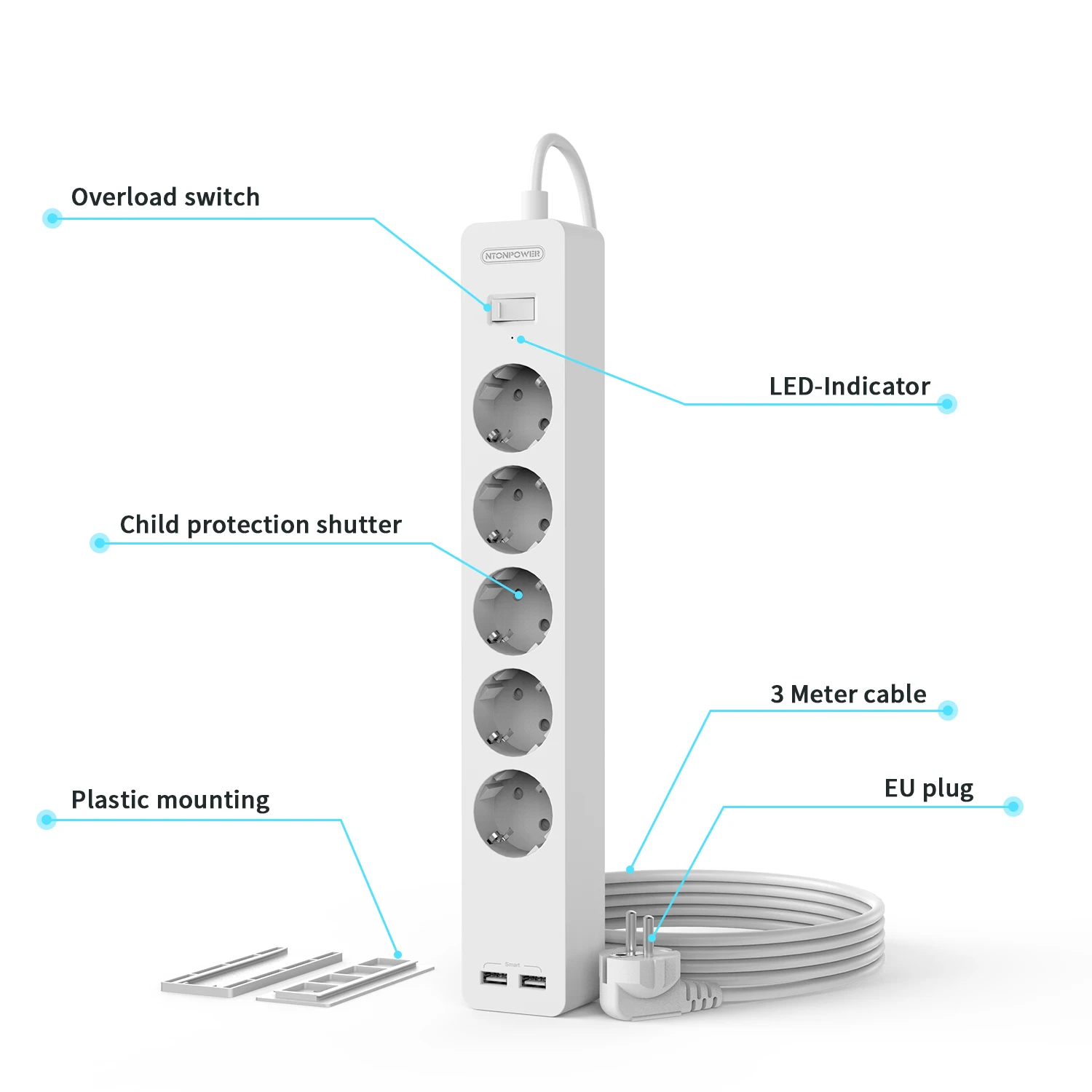 NTONPOWER Network Filter with 3M Extension Cord Wall Mounted Power Strip High Quality 5 Power Sockets 2 USB Surge Protector Home
