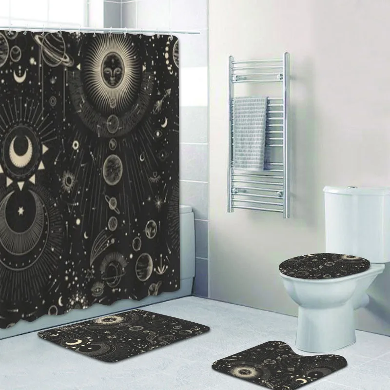 

Black Luxury Sun and Moon Phases Shower Curtain and Rug Set Modern Abstract Mysticism Bath Curtain Zodiac Sign Toilet Home Decor
