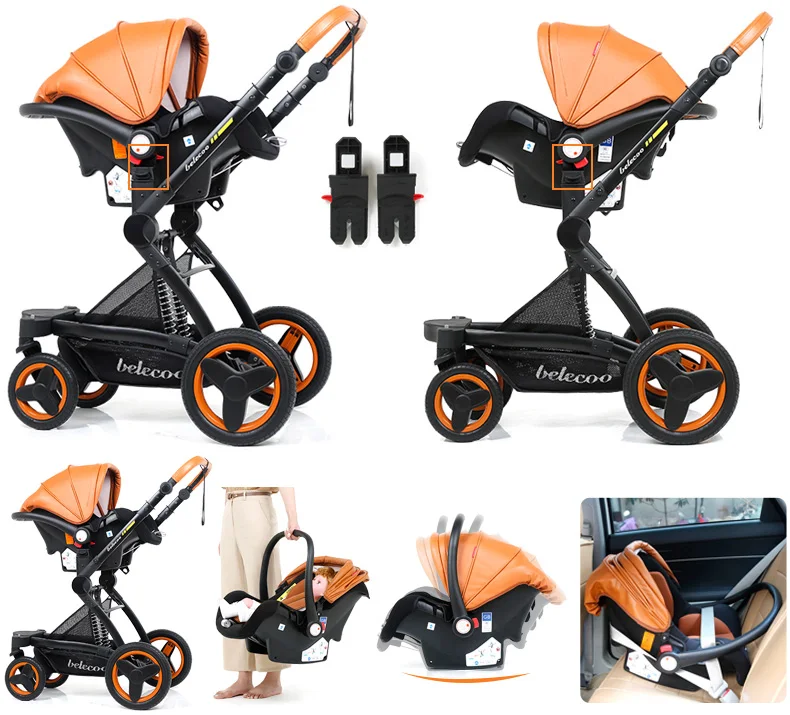 Belecoo high-grade luxury baby stroller with basket PU leather 3 in 1 folding infant pram