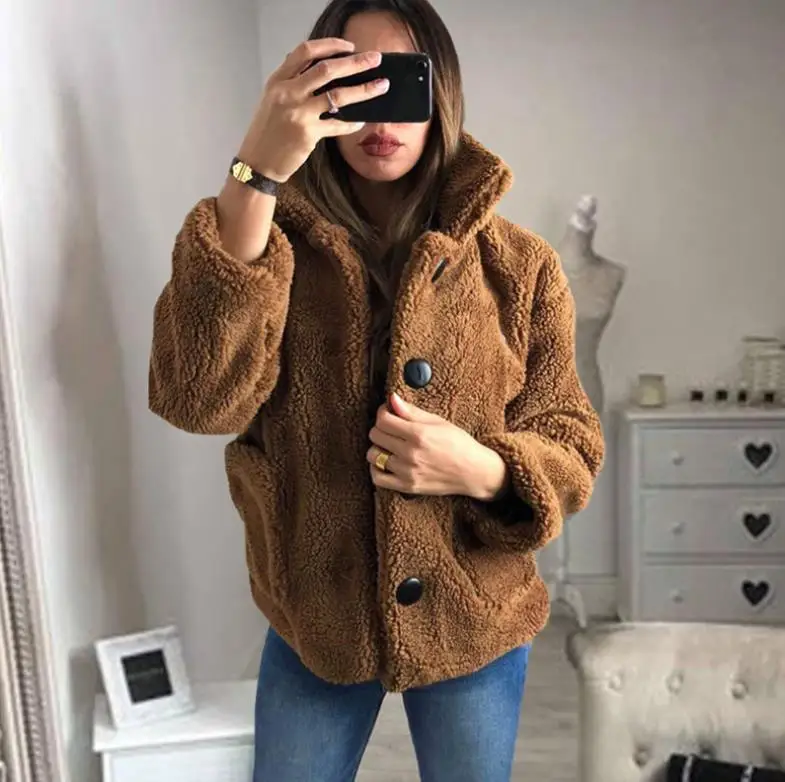 Зимняя куртка из искусственного меха плюшевого медведя Женская модная куртка с капюшоном и открытым стежком женский длинный рукав ворсистый жакет пальто - Цвет: style1