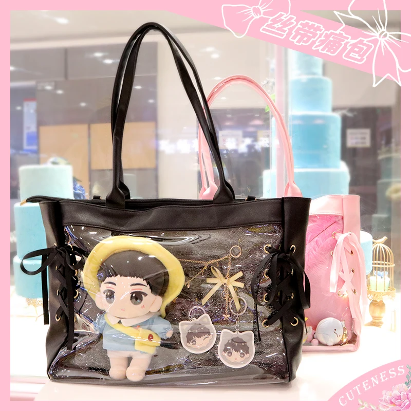 

Soft Girl Harajuku PVC Japanese Anime Cute Bandage Bow Ribbon Transparent Handbag Cosplay Jelly Lolita Itabag PU Shoulder Bag