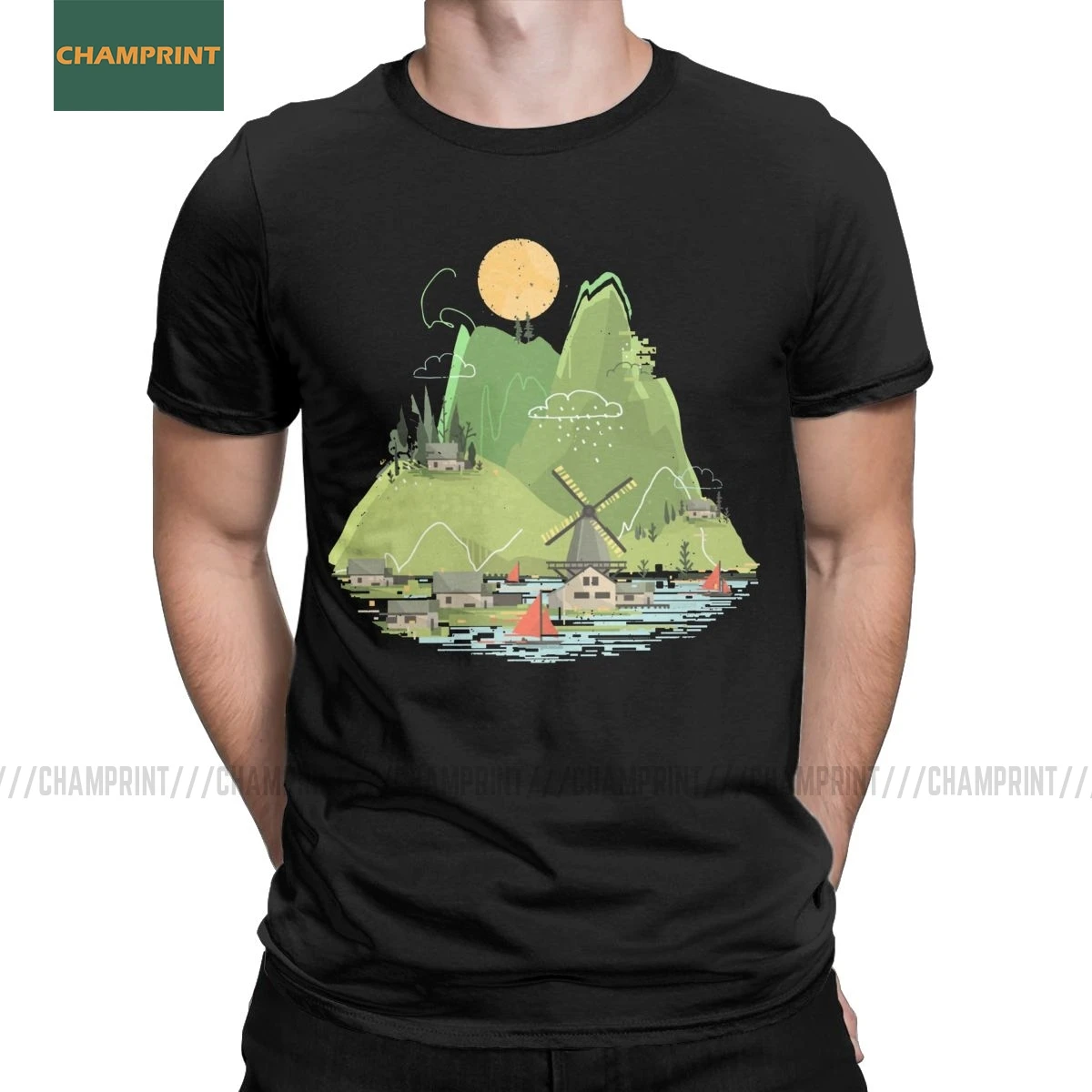 Novelty Glitchscape Wild Life T-Shirt Men Cotton T Shirts Earth Save Planet Trees Animals Hills Sea Sunset Lake Short Sleeve Tee | Мужская
