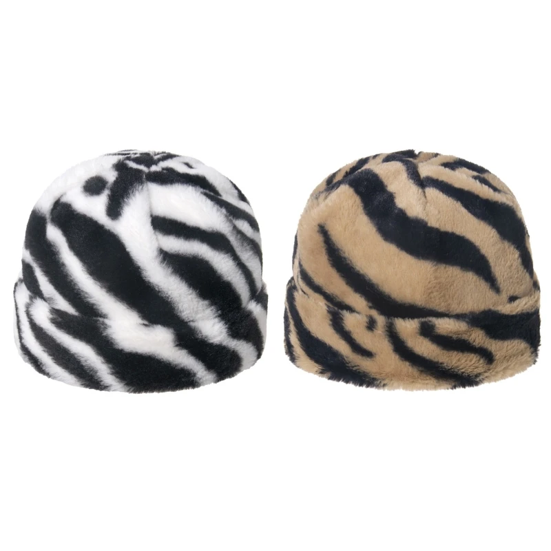 

Women Men Vintage Zebra Stripes Animal Printed Beanie Hat Winter Autumn Thicken Fuzzy Plush Warm Cuffed Brimless Landlord Docker