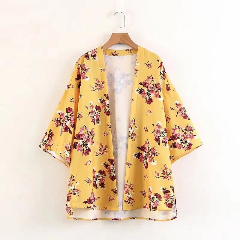 

2018 Western Style Spring And Summer WOMEN'S Dress New Style Yellow Base Printed Kimono