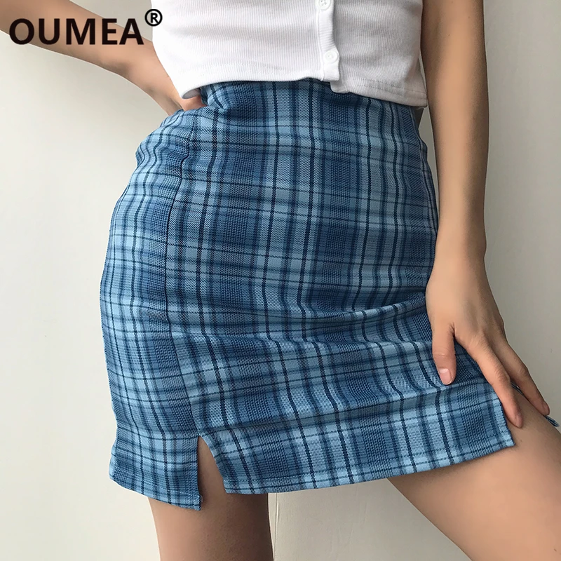 OUMEA женская синяя клетчатая юбка летняя винтажная с высокой талией Женская Милая