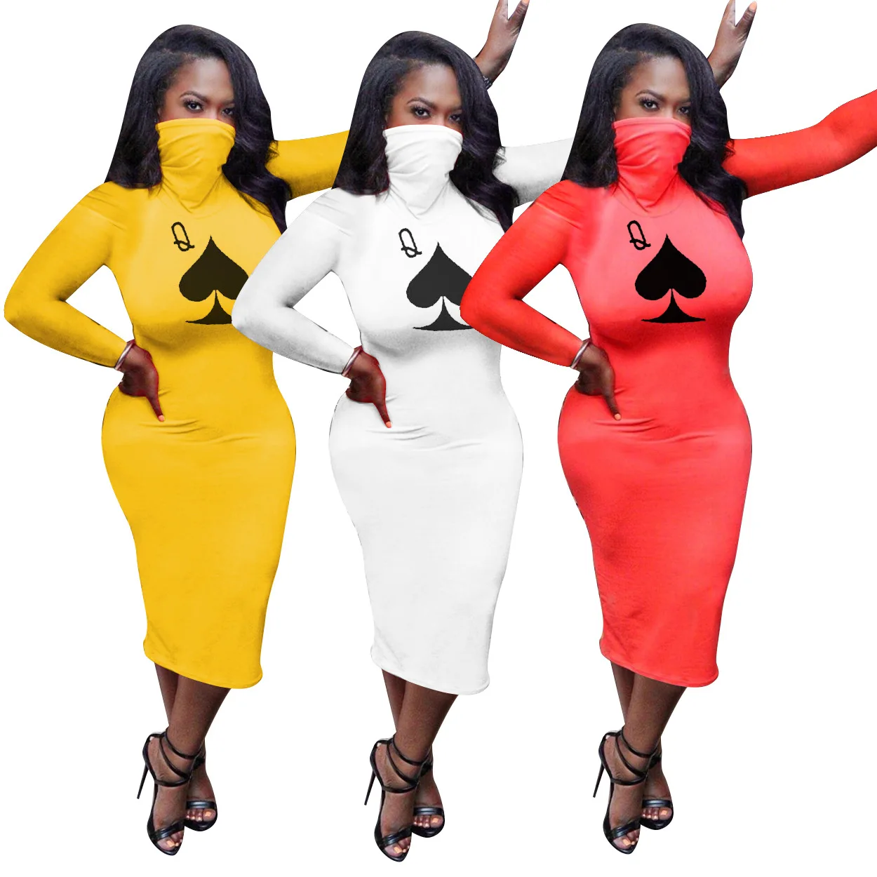 

2020 New Autumn Woman Dress Hot Style Model Solid-color Poker Spades Q Print Long Sleeves Turtleneck Casual Loose Maxi Dress