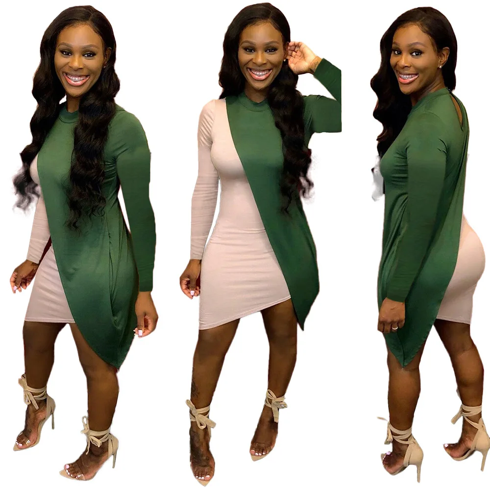 

fashion new women dress patchwork irregular long sleeve o neck bodycon dress clubwear