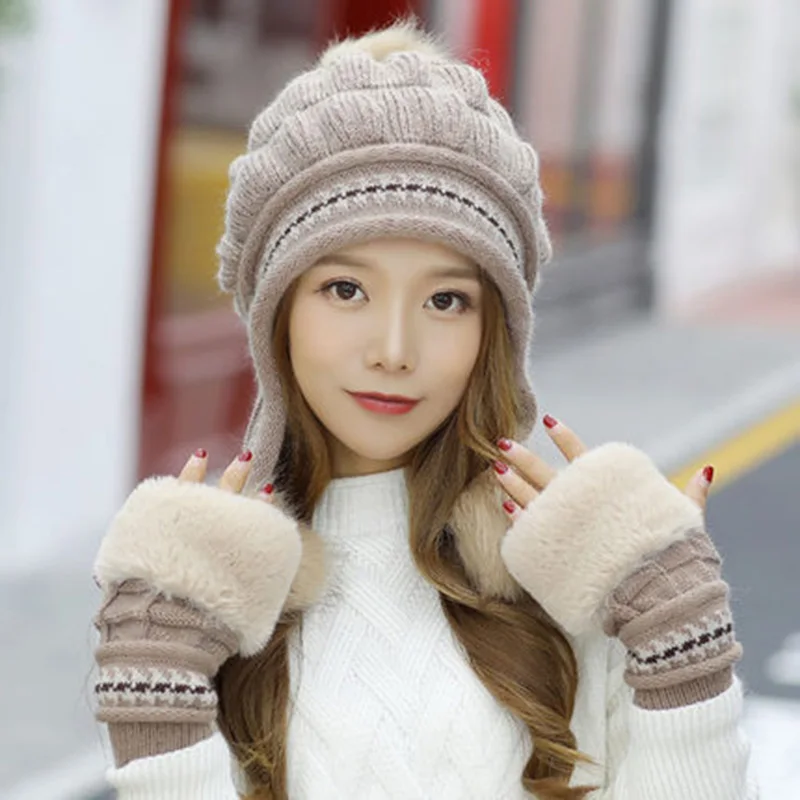 Fashion Women Knitted Hat Gloves Set Xmas Warming Beanie Hat Full Cover Glove Kit For Winter JS26 - Цвет: Хаки