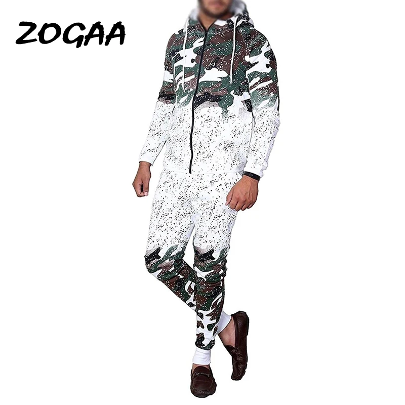 

ZOGAA Autumn 2 Pieces Set Casual Work Wear Cardigan Hooded Sweatshirt Pants Suit Fashion Camouflage Print Male Hombre Tracksuit