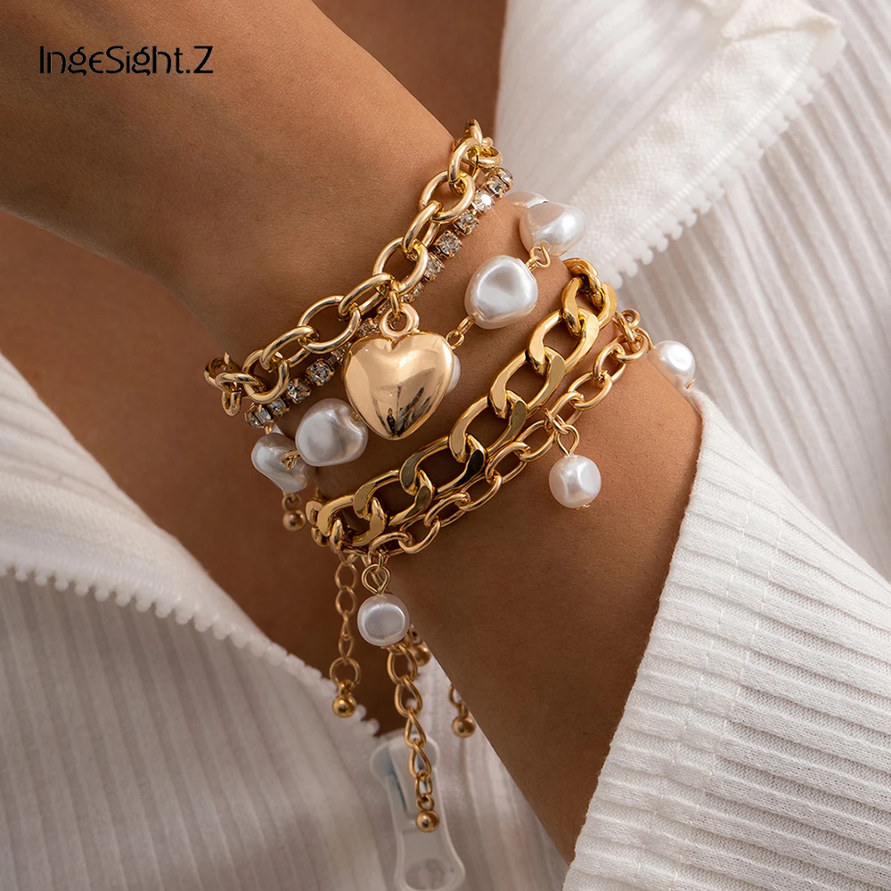 IngeSight.Z 5Pcs/Set Baroque Imitation Pearl Tassel Rhinestone Crystal Bracelets Bangles Cute Heart Pendant Jewelry | Украшения и