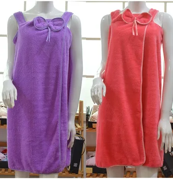 

Bowknot Sling Nightdress Women Multifunctional Pure Color Home Thicken Water Absorption Coral Fleece Material 135*80 CM Bathrobe