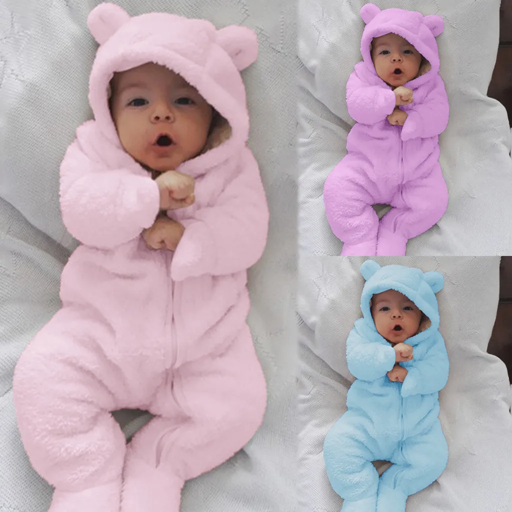 Infant Baby Boys Girls Long Sleeve Fleece Bear Ears Hooded Romper Jumpsuit Fashion Solid zipper Collar для новорождённых |