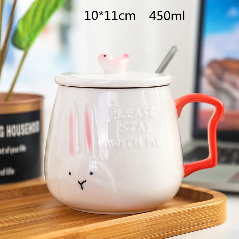 Pink Rabbit VILEAD 450 мл керамическая мультяшная рельефная большая кружка с животным животом с крышкой и ложкой Милая деловая офисная кофейная чашка студенческий подарок для детей - Цвет: Pink Rabbit