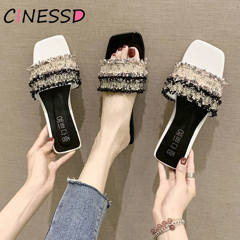 

2019 Summer Lace Fringe Slip Toe Slippers Summer Flats Outside Pearl Knitted Women Slides Non-slip Flipflops Soft Beach Slides