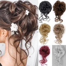 

MERISIHAIR Girls Curly Scrunchie Chignon With Rubber Band Brown Gray Synthetic Hair Ring Wrap On Messy Bun Ponytails