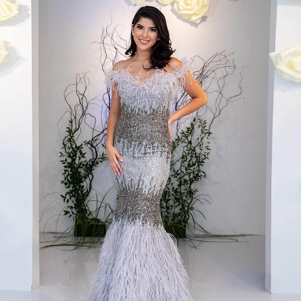 

YQLNNE Luxury Silver Crystals Feather Evening Dresses Long Off the Shoulder Formal Evening Gown Dress Mermaid Robe de Soiree