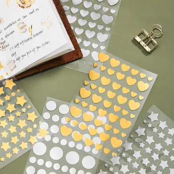 6 Sheet/set Gold Foil Stationery Stickers Heart Star Shape Stickers Decorative Adhesive Stickers for Scrapbooking Diary Albums