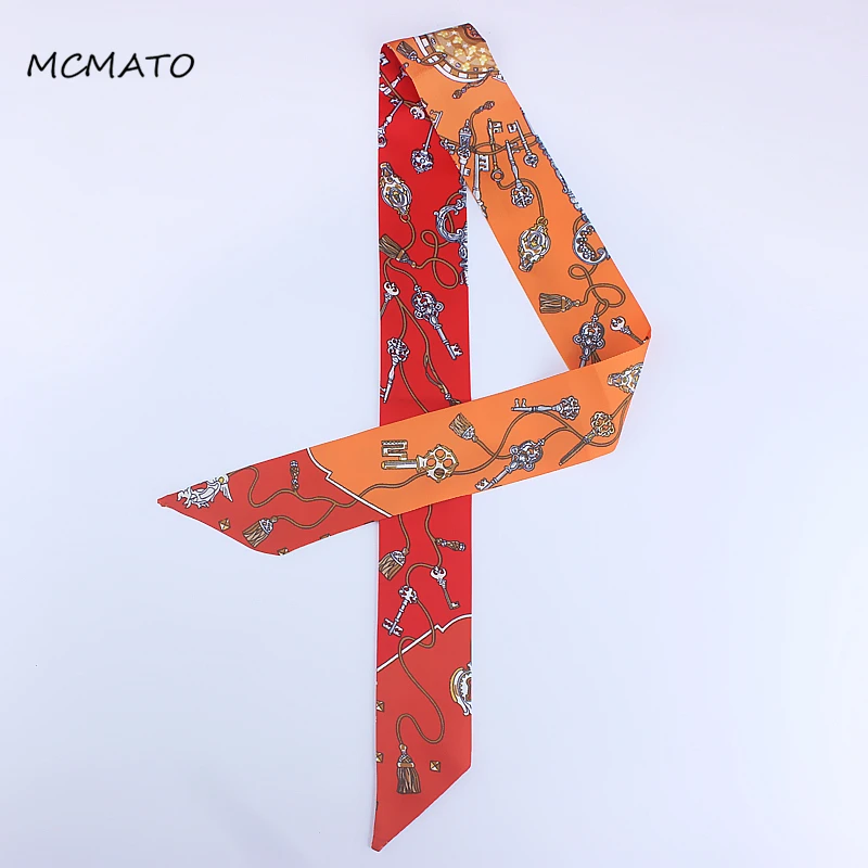 

2020 New Scarf Lock Chain Print Women Silk Scarf Fashion Head Scarf Brand Small Tie Handle Bag Ribbons Small Long Scarves tassel